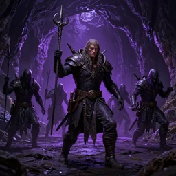 drow march in underdark, underground huge cave background, purple an dark colors by alex aparin, rob alexander, daren bader, john - paul balmet, digital photo, sharp focus, 8 k, intricate, high detail