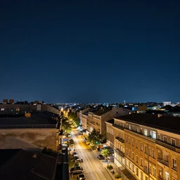 planform, very beautiful night, starry sky, overlooking the street, the view from the top of the building, 8 k