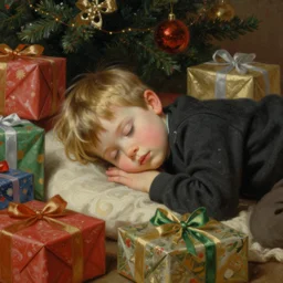 four year old boy with short blonde hair, asleep at christmas. surrounded by gifts. high quality detailed face. beautiful painting by artgerm and greg rutkowski and bouguereau