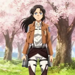 anime painting in the style of attack on titan, girl standing in front of cherry blossom trees