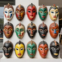 a restored photography of a collection of ( ( ( ( ( ( ( ( ( ( african masks ) ) ) ) ) ) ) ) ) ), ( ( ( ( ( ( ( fauvisme ) ) ) ) ) ) ), in the style of memphis design, outdoor, neo modernism, 1 9 2 0, bright colors, documentary