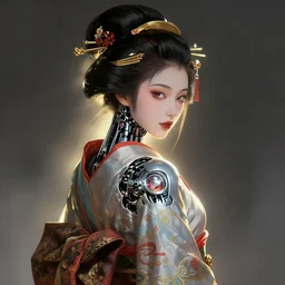 female robot geisha girl, beautiful face, rule of thirds, intricate outfit, backlit, by greg rutkowski, by jeremy mann, digital painting