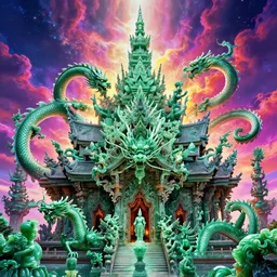 intricate jade temple of dragon, infinite dramatic skies, synthwave, bright neon colors, highly detailed, cinematic, tim white, vladimir kush, philippe druillet, roger dean, bob eggleton, michael whelan, tetsuro kimura, alfred kelsner, kubrick, jaroslaw jasnikowski