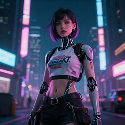 a cybernetic female android with decals wearing street futuristic top fashion clothing in a cyberpunk city with neon lights and volumetric lighting, slow flash sync, moody, night time, artstation, cgsociety zenith view -1024