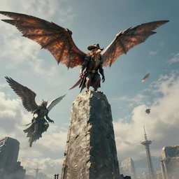 by wesley burt and karl kopinski, visually stunning, cinematic, ultra realistic, hyper realism, 1 2 k, epic, octane render, unreal engine, vfx, maya, a small winged creature lands on the very top of the monolith : strong dmt vibes, cowboy plague doctor : kitesail cleric, legion angel : applied biomancy