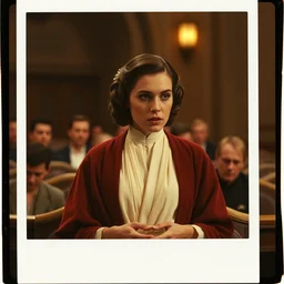 film still of emma watson as princess leia organa in star wars holding an emotional speech in the galactic senate, polaroid, photography, film, kodak