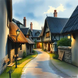 watercolor painting of village street, bailey wall, medieval straw roof, scandinavian viking age, ambient lighting, art by hans dahl, by jesper ejsing, art by anders zorn, wonderful masterpiece by greg rutkowski, cinematic light, american romanticism by greg manchess, creation by tyler edlin