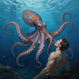 a dream fantasy painting of a octopus attack a man in the deep of the ocean, by beksinki, greg rutkowski, carne griffith trending on artstation, deviantart, photorealism