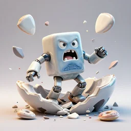 dissection of funny, angry ceramic exploding crash miniature toy resin Figure mechabot falling apart 8K, c4d, 3d primitives, in a Studio hollow, surrounded by flying parts, explosion drawing, by pixar, beeple, by jeff koons, blender donut tutorial