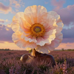 closeup, gigantic flower as head, an african woman in heather field, surreal photography, golden hour, colorful clouds, impressionist painting, digital painting, artstation, simon stalenhag