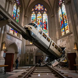 a monorail falling off the tracks and crashing through a large stained glass window of a church, by kim jung gi, paul heaston, extremely wide angle shot, trending on art station, 4 k, vibrant lighting