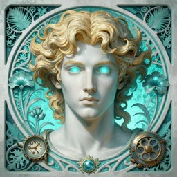 the god hermes, young man, curly blond hair, glowing eyes, volumetric lights, cyan and white scheme, art nouveau botanicals, gothic, intricate, highly detailed, digital painting, artstation, concept art, smooth, sharp focus, symmetric face, illustration, steampunk, art by artgerm and greg rutkowski and alphonse mucha