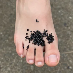the sole of my foot has holes in it that are filled with shiny black seeds,