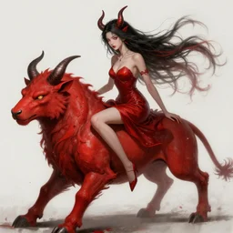woman loves demon, sit upon a scarlet coloured beast, pain, light effect, hyper detailed, intricate, elegant, highly detailed, digital painting, artstation, concept art, matte, sharp focus, illustration, by james jean, andrei riabovitchev, marc simonetti, yoshitaka amano