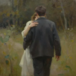 oil painting, man leaving with her, cinematic lighting