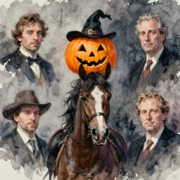 a simple and atmospheric watercolour portrait of the headless horseman, jack - o - lantern head on halloween night, very muted colors, by rebecca guay, michael kaluta, charles vess and jean moebius giraud