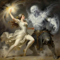 valkyrie and ghost charging attack, stoic, light dust, magnificent, hyperdetailed, theatrical, close up, masterpiece, painted by jean honore fragonard and greg rutkowski and rob alexander