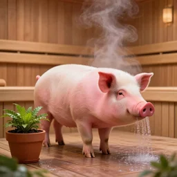 pink pig walking like a human, behind a pot with a plant and shower in a sauna, hot steam of water, wooden cabin background, popular on artstation, unreal engine, nvidia graphics,.