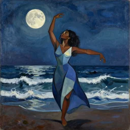 black woman dancing by the ocean waves, the moon is overhead, she raises herself towards the sky, abstract art in the style of cubism and georgia o keefe