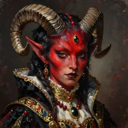 painted close - up portrait of a attractive red - skinned intimidating demon girl with ram horns! oil painting, wearing a noblewoman's outfit, fantasy art by john singer sargent and gaston bussiere and james jean and greg rutkowski, demon noble character design, hd