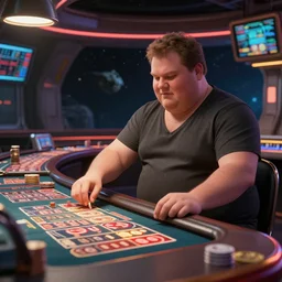 an fat guy playing casino inside a space station bar, award winning, trending on artstation, unreal engine