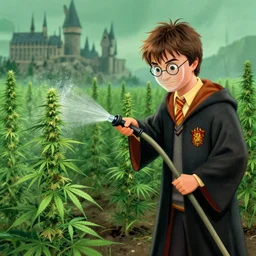 harry potter watering a cannabis field with a hose in hogwarts, marijuana plants, clear face, digital illustration, in the style of greg rutkowski, very detailed, artstation, smooth, cinematic, sharp