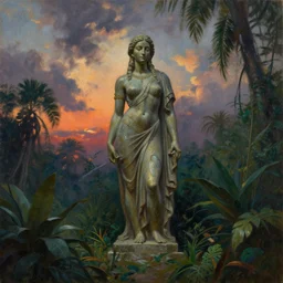 sphinx statue in a jungle, moody sunset and dramatic sky , oil painting by frazetta, low angle,wide angle, cinemascope panorama