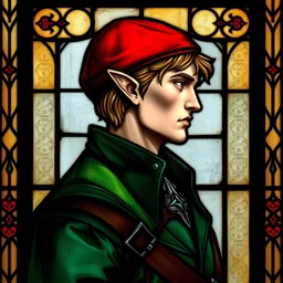 side - view portrait of iorveth from the witcher 2, elf, elegant, green coat, red cap, 1 5 th century stained glass window, very masterful