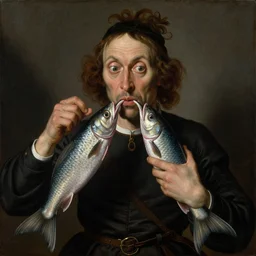 The medium portrait of sarcastic men with fish tails which eat their fish tails by Hieronymus Bosch and Pieter Bruegel, highly detailed oil painting, 4k, masterpiece