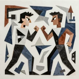 Two figures facing camera, they are fighting very angry, Chaotic, paper collage, style of Juan Gris, abstract