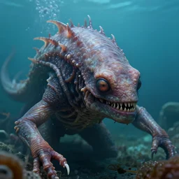 hyperrealistic close-up surrealism underwater creature monster!! highly detailed concept art eric zener elson peter cinematic hard lighting high angle hd 8k sharp shallow depth of field, inspired by David Paul Cronenberg and Zdzisław Beksiński