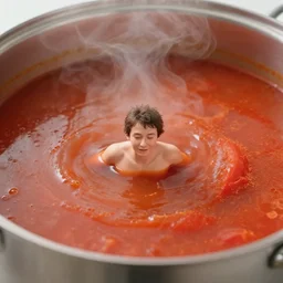 Small Peter dinklage submerged in big pot of steaming tomato soup