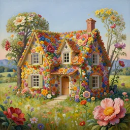 a hiper intricate oil painting of a beatifull house made from big flowers in the serene field, intricate, highly detailed, digital painting, artstation, concept art, extremely detailed, sharp focus, wide view, smooth, digital illustration, colorfull, by hieronimus bosch
