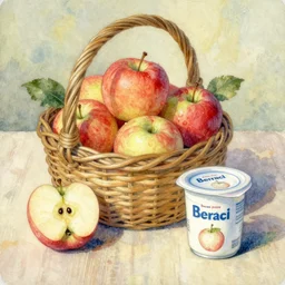 a painting of a basket of apples and a can of yogurt, a still life by Beatrix Potter, featured on deviantart, naive art, storybook illustration, watercolor, photoillustration