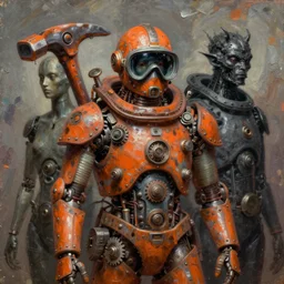 orange, grey, hammerhead, mold, dark, gothic, cyber, fantasy, rust, metal, rivets, cogwheel, human, creature, mannequin, machinery, scuba mask, by giger, masahiro ito, junji ito, rough oil paint, underpainting, highlights, john signer sargent, dean cornwell, zaku