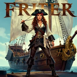 female pirate on ship, trending on artstation, cover page, full body shot