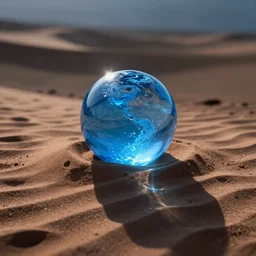 a glowing blue sphere made of water, emerging from a plane of sand