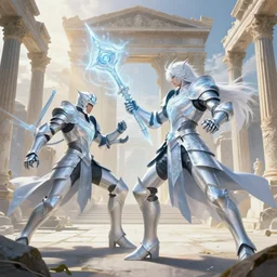 white hair knights of zodiac gir, matt white ice color armor, are combat fighting each other with magical sci - fi weapon in ruined agora of athens sunrise, intricate and elegant, highly detailed, digital painting, artstation, concept art, smooth and sharp focus, illustration, art by tian zi and wlop and alphonse mucha