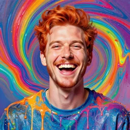 a portrait of a laughing man with ginger hair, by ross tran, psychedelic rainbow, swirling colors, dripping paint