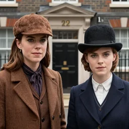 two parts : katie holmes dressed wearing brown deerstalker at left, emma watson wearing bowler hat at right, london baker street 2 2 1 b at background, inspired bbc sherlock movie, 8 k, cinematic, ultra detailed faces, octane render