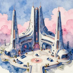 mass effect citadel, stylized, exterior, architecture, in watercolor gouache detailed paintings, arcane, insanely detail, artstation, 8 k, futuristic, big medium small, props, furniture and decor, empty, no character, blue and pink color scheme
