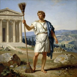 painting of a man in ancient greek dress holding a broom, the temple of apollo at delphi in the midground, valley in the distance, in the style of jacques - louis david, neoclassical, in the style of john william waterhouse, extremely detailed