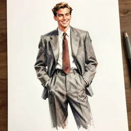 confident, smiling 1 9 2 0 s man in full figure with his hands in his pockets. zoom out. fashion drawing