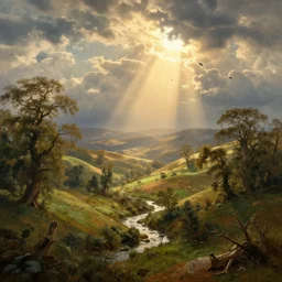 a royal landscape, sumptuous, outstanding beauty, hills trees, stream, clouds, birds, sun rays, dramatic, ecstatic, surrealism