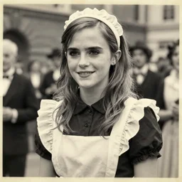 photograph of a emma watson dressed as a french maid from the 1 7 0 0 s at london, black and white, faded yellow