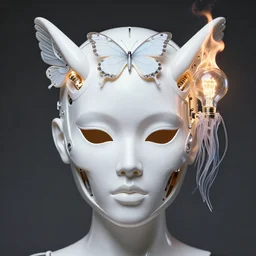 symmetrical beautiful princess face in biomechanical mask of a cyberpunk demon by Roberto Ferri. Edison bulb. white plastic. human skull jellyfish butterfly phoenix head. burning water. baroque ornament details, intricate artwork by Tooth Wu and wlop and beeple and dan mumford and greg rutkowski. halo. octane render, cinematic, hyper realism, octane render, 8k, depth of field, bokeh. iridescent touch. vibrant. saturated. blade runner style