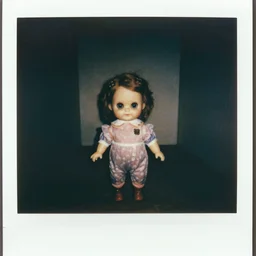 creepy doll polaroid photo, found footage, horror, liminal space