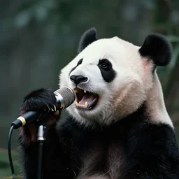 a panda singing into a microphone, dramatic, beautiful, kodachrome film