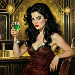 a crafty seductive woman in a cocktail dress holding a glass of absinthe. she has long wavy black hair and green eyes and a smirk. she is in a brass retro futuristic art deco bar. beautiful painting by artgerm and greg rutkowski and alphonse mucha