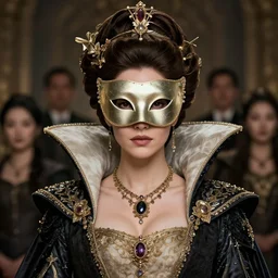 portrait of a queen wearing a mask, hoster from westworld, elegant, fancy clothing, ornaments, highly detailed, full - color, beautiful, mesmerizing, concept art, artstation, trending, by hideyuki morioka, akio watanabe, ito ogure, vofan, greg rutkowski, victo ngai, artgerm